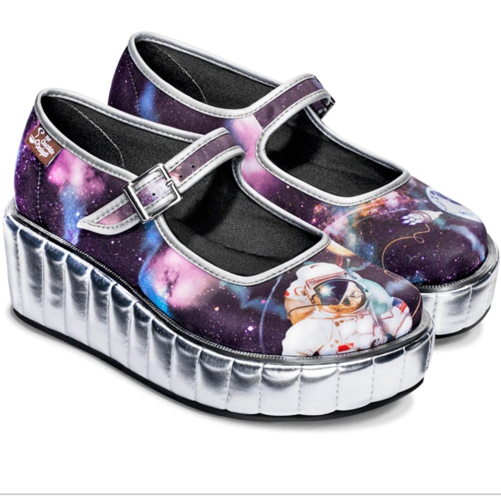 Galaxy Astronaut Platform Mary Janes - Silver Platform, Purple Galaxy Print - Picture 2 of 11